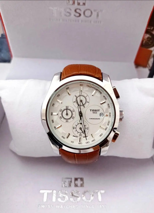 Tissot 1853 Chronograph Watch White Dial with Brown Leather Belt for Men - ADEN MEN -  