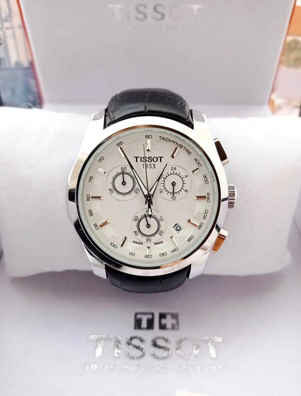 Tissot 1853 Chronograph Watch White Dial with black Leather Belt for Men - ADEN MEN -  